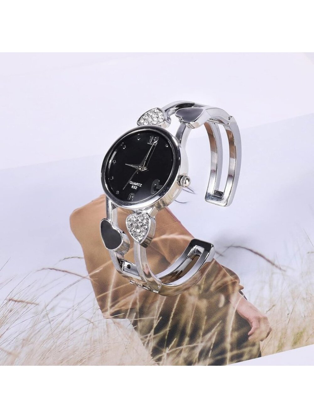 Women's Black Quartz with Rhinestone Round Dial Stainless Steel Band Cuff Watch - Picture 3 of 5